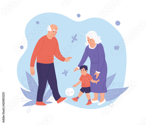Cartoon grandparents kick the ball with grandson, play with boy, have fun together, vector Illustration on blue floral