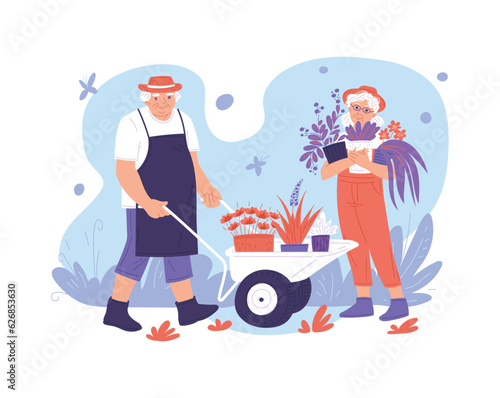 Cute happy grandparents gardening together flat style, vector illustration
