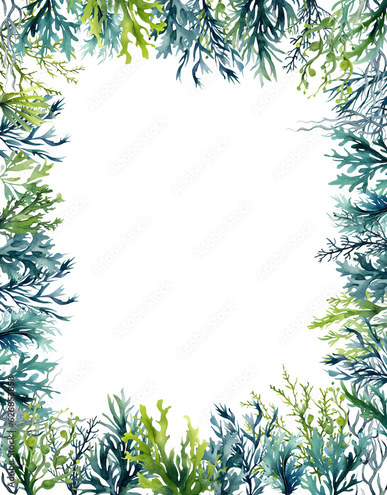 Seaweed underwater plants. Green Laminaria watercolor illustartion isolated on hite background. Nautical Seaweed underwater plants. Green Laminaria watercolor illustartion isolated on hite background. Nautical