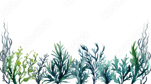 Seaweed underwater plants. Green Laminaria watercolor illustartion isolated on hite background. Nautical