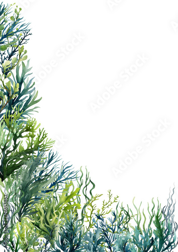 Seaweed underwater plants. Green Laminaria watercolor illustartion isolated on hite background. Nautical photo