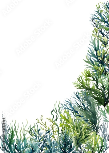 Seaweed underwater plants. Green Laminaria watercolor illustartion isolated on hite background. Nautical