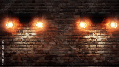 Three lamps on a brick wall in a dark room