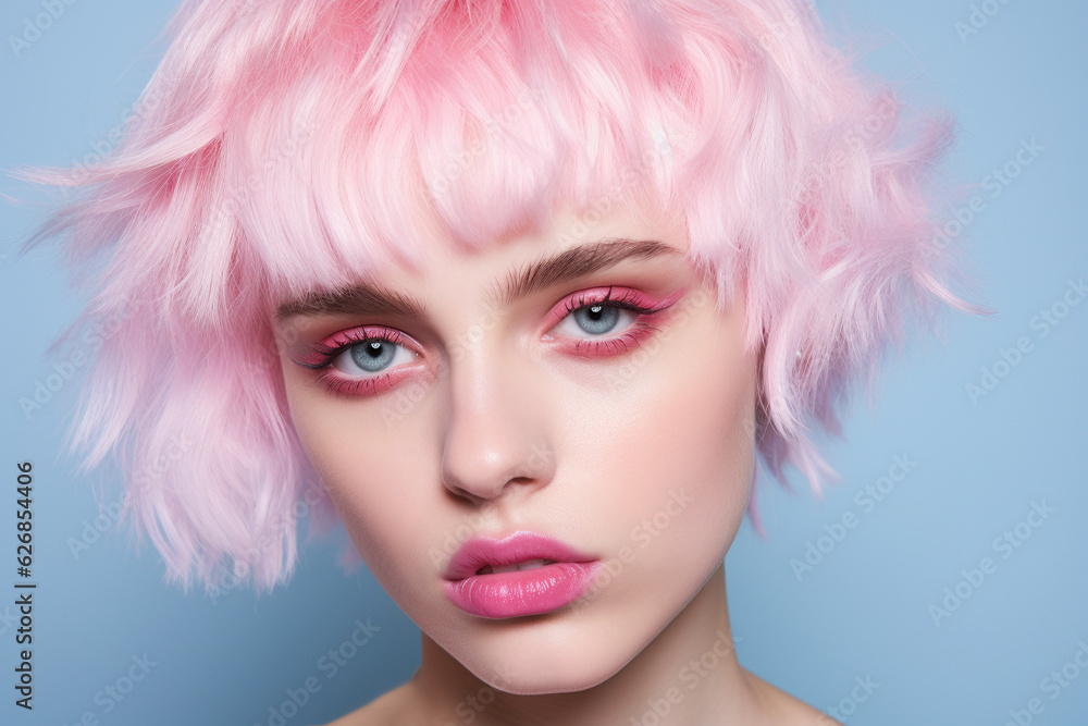 Face of beautiful woman with pink hair and pink makeup