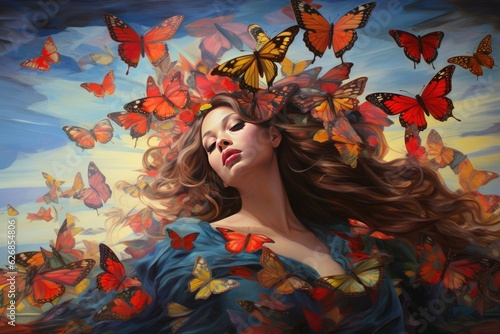 Artwork of Beautiful romantic woman surrounded by butterflies painted in watercolor.