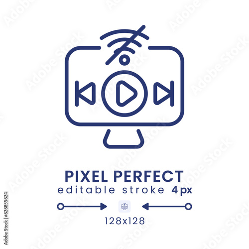Offline playback linear desktop icon. Streaming platform. Downloading video content. Pixel perfect 128x128, outline 4px. GUI, UX design. Isolated user interface element for website. Editable stroke