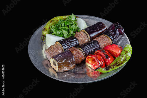 Turkish Kebab eggplant and meatballs. Freshly grilled eggplant Kebabs. Traditional Turkish kebabs, Eggplant kebab. photo