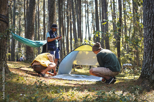 Young male diverse friends set up a tent in pine forest park. Campers set up their campsite for the night. Leisure and outdoor activity concept