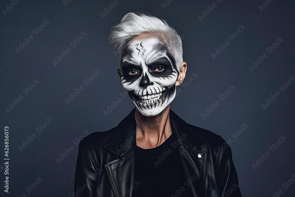 Halloween. Young beautiful girl on a dark background with a face painted for the holiday. Festive makeup for all saints day or halloween. Halloween. Young beautiful girl on a dark background with a face painted for the holiday. Festive makeup for all saints day or halloween.