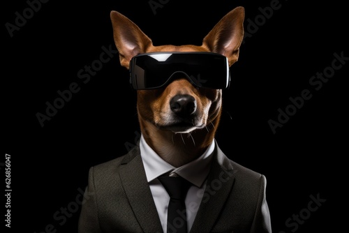 Basenji Dog In Suit And Virtual Reality On Black Background. Basenji, Dog Suit, Virtual Reality, Black Background.  © Ян Заболотний