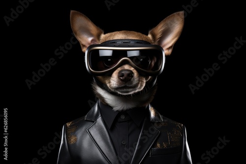 Chihuahua In Suit And Virtual Reality On Black Background. Chihuahua Suit,Virtual Reality,Black Background,Ports,Animals,Fashion,Vr Tech,Social Media. © Ян Заболотний