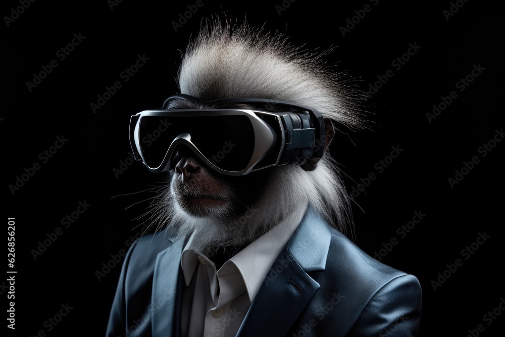 Grey Langur In Suit And Virtual Reality On Black Background. Grey