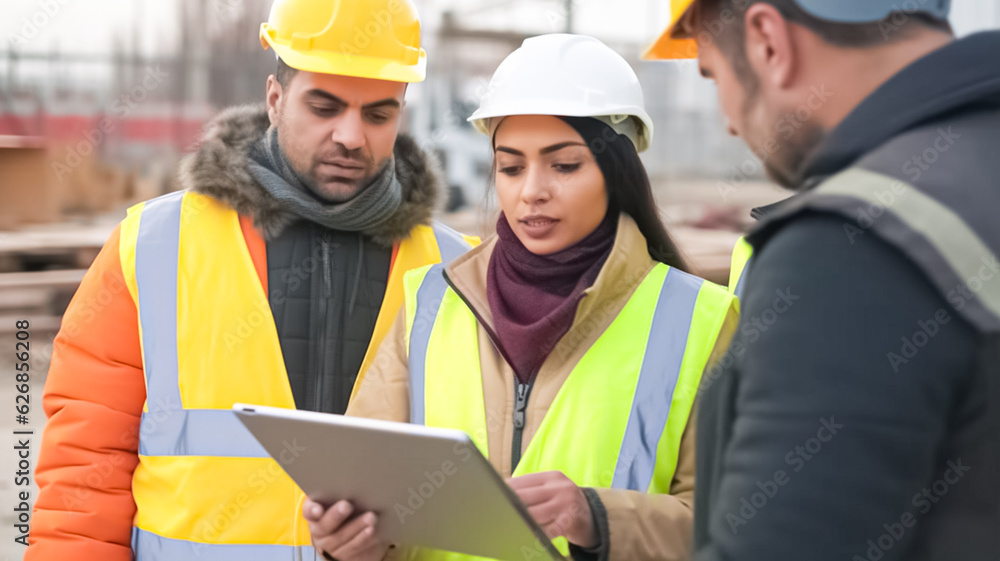 Diverse Team of specialists use tablet computer on construction site. Real Estate building project with civil engineer, architect, business investor and general worker discussing plan details.
Diverse Team of specialists use tablet computer on construction site. Real Estate building project with civil engineer, architect, business investor and general worker discussing plan details.