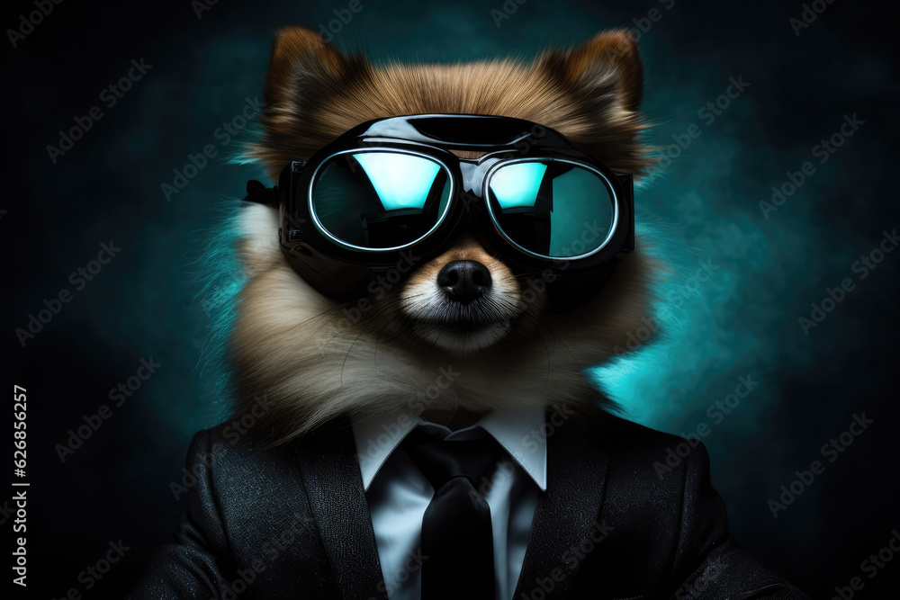 Pomeranian In Suit And Virtual Reality On Black Background . Pomeranian In Suit, Virtual Reality, Suit Material, Black Background, Fashion Trend, Dogs In Human Outfits. 