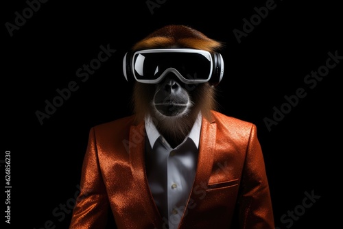 Patas Monkey In Suit And Virtual Reality On Black Background. Patas Monkey, Suit, Virtual Reality, Black Background.  © Ян Заболотний