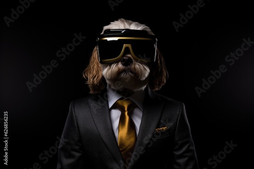 Maltese In Suit And Virtual Reality On Black Background. Maltese In Suit, Virtual Reality, Black Background, Homedesign, Art Direction, Interactive Data Visualization. 