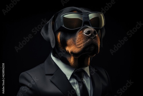 Rottweiler In Suit And Virtual Reality On Black Background. Fashionable Rottweiler, Virtual Reality, Dogfriendly Style, Suit Wearing Dogs, Hightech Look, Vr Experiences.  © Ян Заболотний