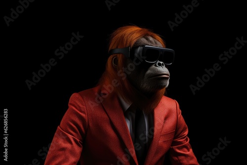 Red Howler Monkey In Suit And Virtual Reality On Black Background. Red Howler Monkey In Suit,Virtual Reality,Black Background,Creative Photography,Wildlife Images. 