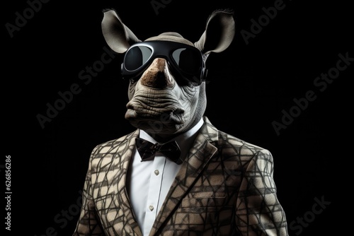 Rhinoceros In Suit And Virtual Reality On Black Background. Rhinoceros In Suit, Virtual Reality, Black Background, Clothing Accessories, Gameplay Graphics. 