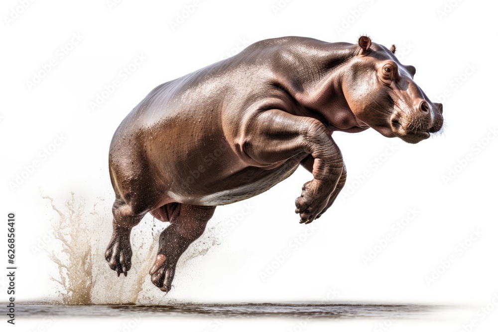 Jumping Moment, Hippopotamus On White Background. Jumping Moment, Hippo