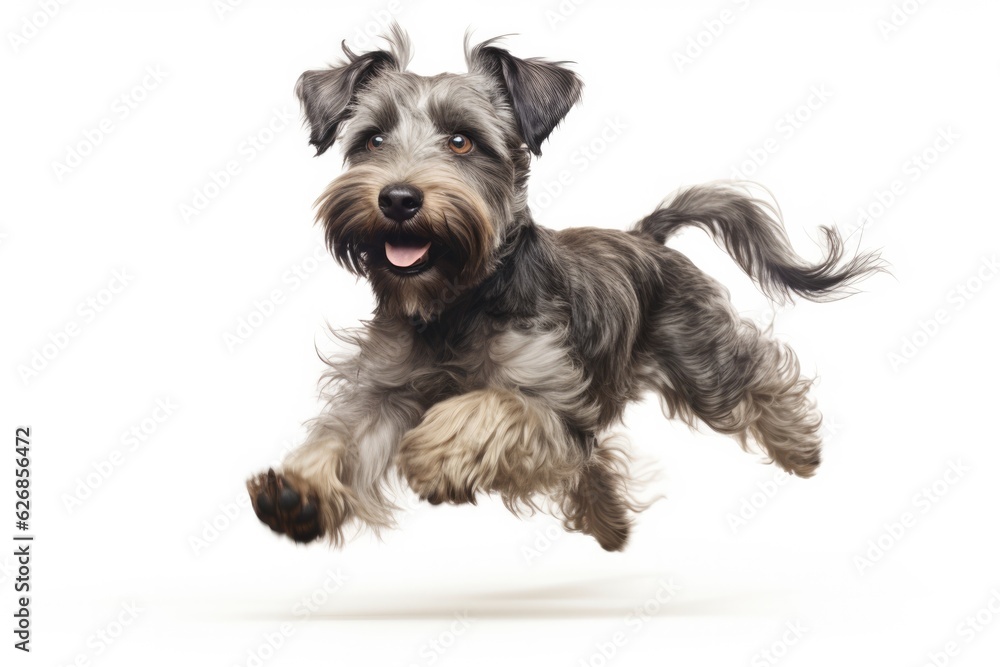 Jumping Moment, Schnoodle Dog On White Background. Jumping Moment, Schnoodle, Dog On White Backdrop, Jumping Technique, Creative Photography, Capturing Movement. 