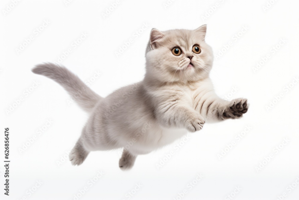 Jumping Moment, Scottish Fold Cat On White Background. Jumping Moment, Scottish Fold Cat, White Background, Photographing Cats, Cat Body Anatomy, Cat Personality.