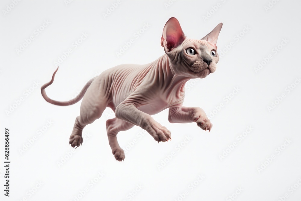 Jumping Moment, Sphynx Cat On White Background. Jumping Moment, Sphynx Cat, White Background, Camera Settings, Lighting Techniques, Angles, Capturing Movement. 