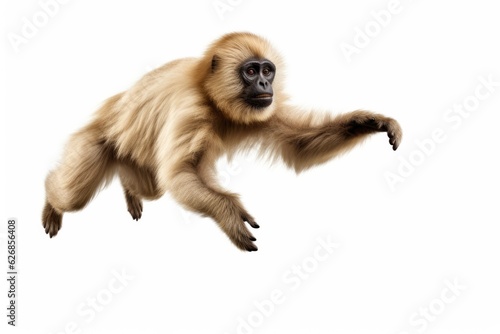 Jumping Moment, Gibbon On White Background. Jumping Moment, Gibbon White Bkgd, Gibbon Locomotion, Gibbon Habits, Gibbon Diet, Gibbon Socialization, Gibbon Species. 