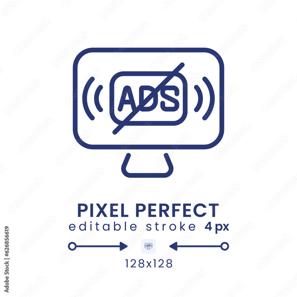 Ad-free streaming linear desktop icon. Uninterrupted viewing. Access payment. Pixel perfect 128x128, outline 4px. GUI, UX design. Isolated user interface element for website. Editable stroke Ad-free streaming linear desktop icon. Uninterrupted viewing. Access payment. Pixel perfect 128x128, outline 4px. GUI, UX design. Isolated user interface element for website. Editable stroke