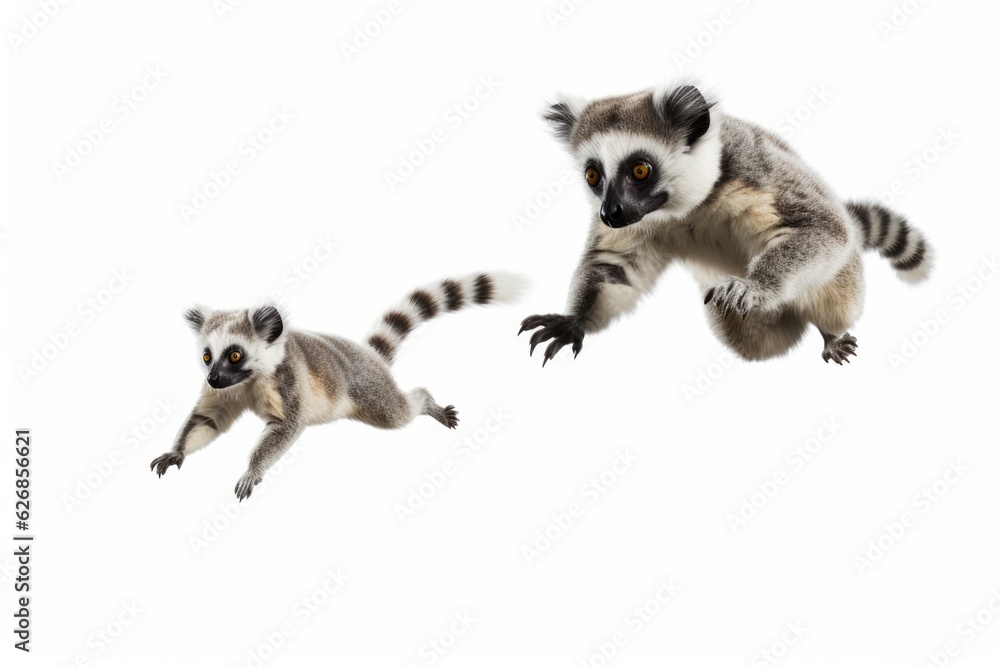 Jumping Moment, Two Lemur On White Background. Jumping Moment,Two Lemurs,White Background,Balance,Action Photography,Outdoor Activities,Action Lighting,Color Contras. 