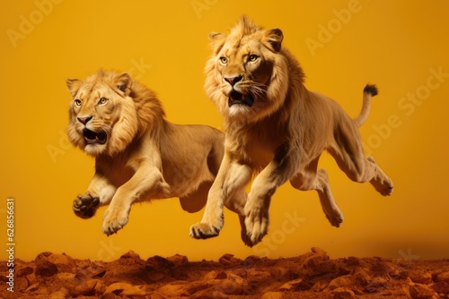 Jumping Moment  Two Lion On Yellow Background. Jumping Moment Two Lions Yellow Background Bonding Action Motion Romance Strength.