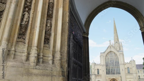 Exterior Of Norman Cathedral In Norwich Norfolk England UK Viewed Through Entrance
