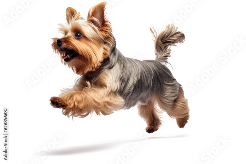 Jumping Moment, Yorkshire Terrier Dog On White Background. Jumping Moment, Yorkshire Terrier, Dog Ownership, White Background, Grooming, Exercise, Breeds, Health. Generative AI