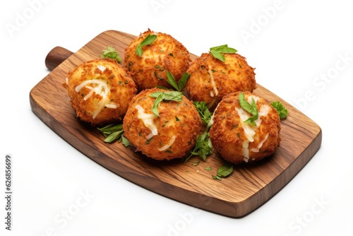 Top View, Arancini On A Wooden Boardon White Background . Arancini, Top View, Wooden Board, White Background, Food Photography, Italian Cuisine, Plating Techniques. Generative AI