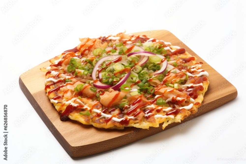 Top View, Okonomiyaki On A Wooden Boardon White Background. Top View, Okonomiyaki, Wooden Board, White Background, Cooking Process, Food Plating, Japanese Cuisine. Generative AI