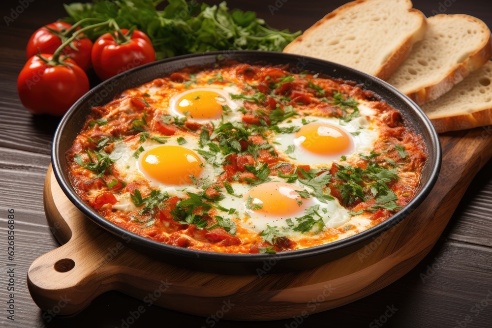 Top View, Shakshuka On A Wooden Boardon White Background . Cooking Shakshuka, Using Wood In The Kitchen, Food Prep With Top Views, Food Photography Techniques. Generative AI