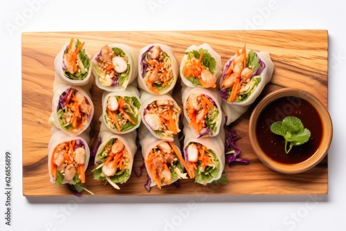 Top View, Spring Rolls On A Wooden Boardon White Background. Top View, Spring Rolls, Wooden Board, White Background, Spring Rolls Prep, Presentation Tips. Generative AI photo