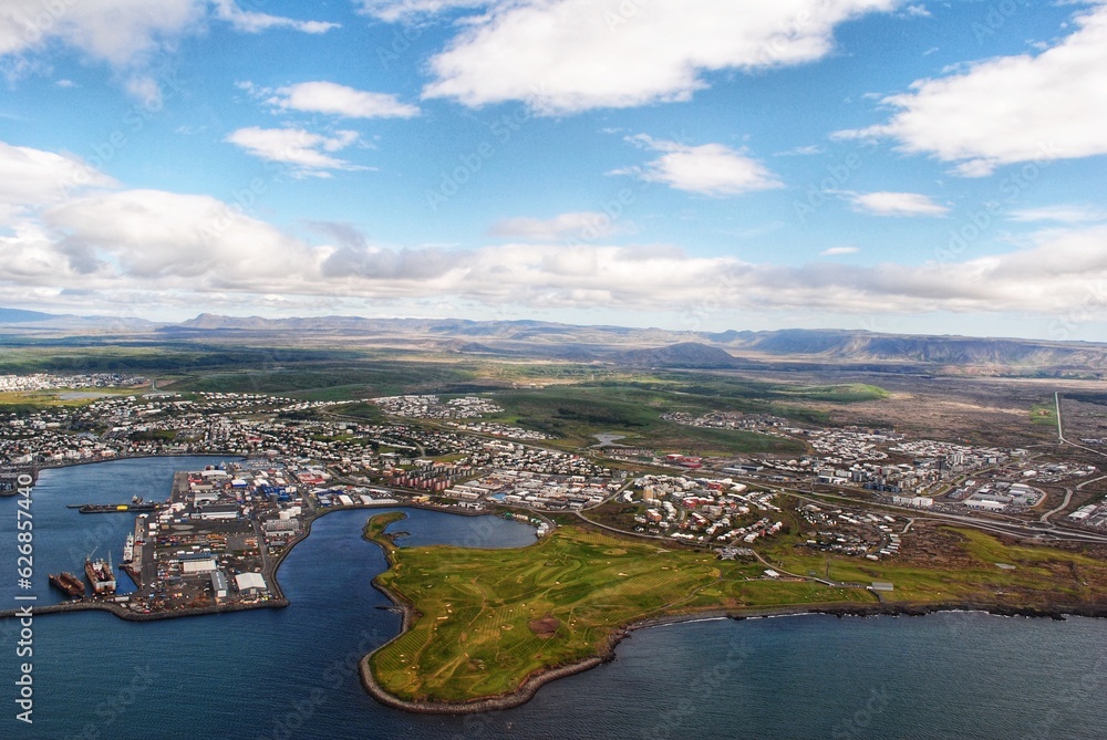 An aerial view of Reykjavik, Iceland.