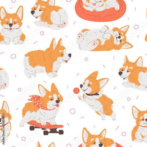 Seamless vector pattern with cartoon cute Corgi dog in various poses, enjoy ride on pink skateboard, caressing, playing