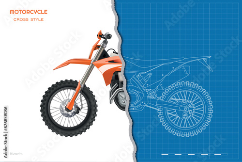 Isolated cross motorcycle drawing. 3D orange motorbike. Front, side, top view of motocross cycle. Extreme outline industrial draw. Motorsport vehicle blueprint