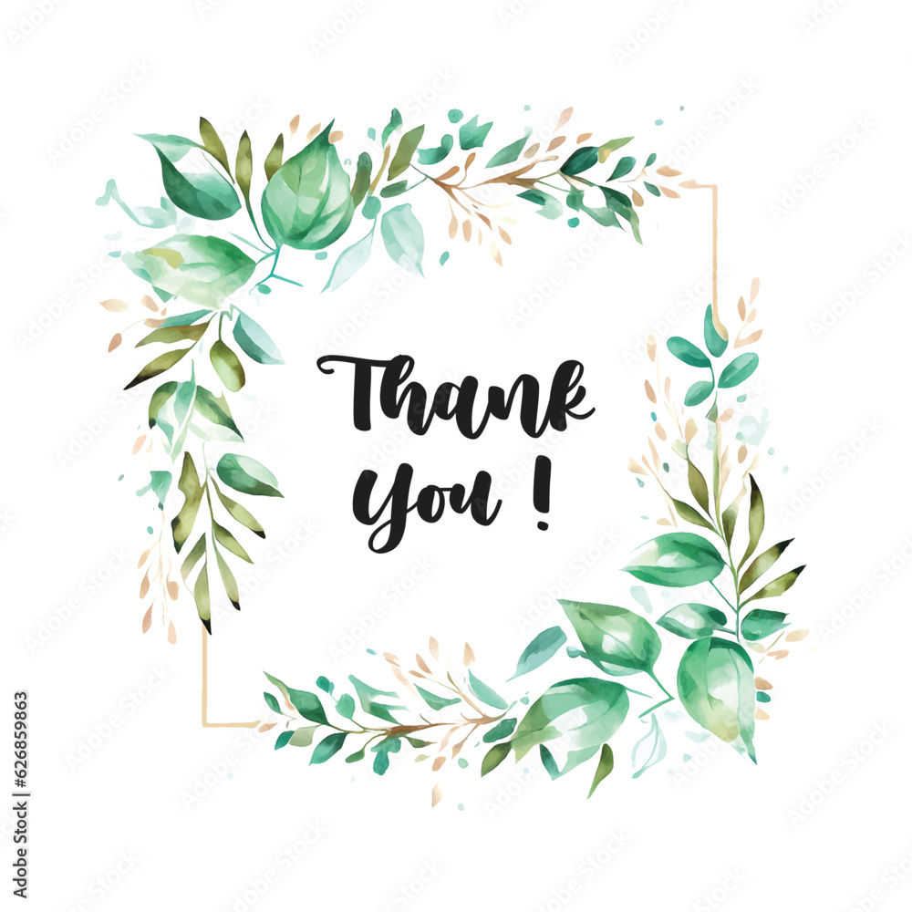 Thank You card green leaves with geometric shape watercolor paint