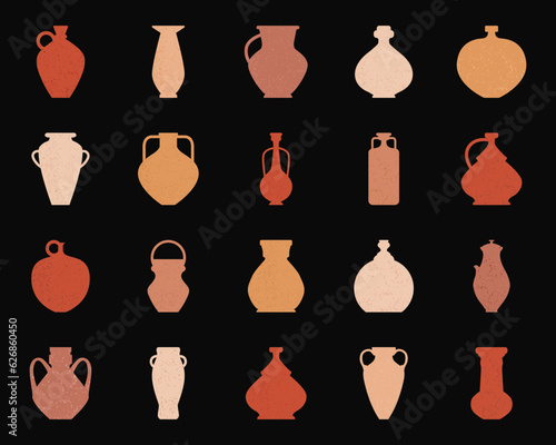 Natural ancient vases and jugs set. Silhouette collection of icons with jur. Vector pottery icons for design. Ceramic pot set. Retro ceramic vases in boho style. Clay products in traditional style