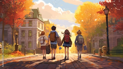 Little students going to school with backpacks, Back to school concept, Generative ai © Deep Ai Generation