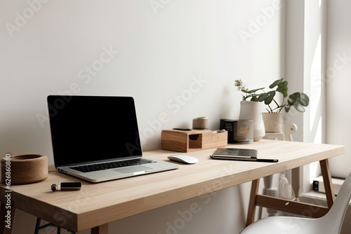 Wallpaper Mural laptop on the desk. Generative AI Torontodigital.ca