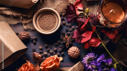 Autumn still life with a cup of coffee and flowers, generative AI. © puhimec