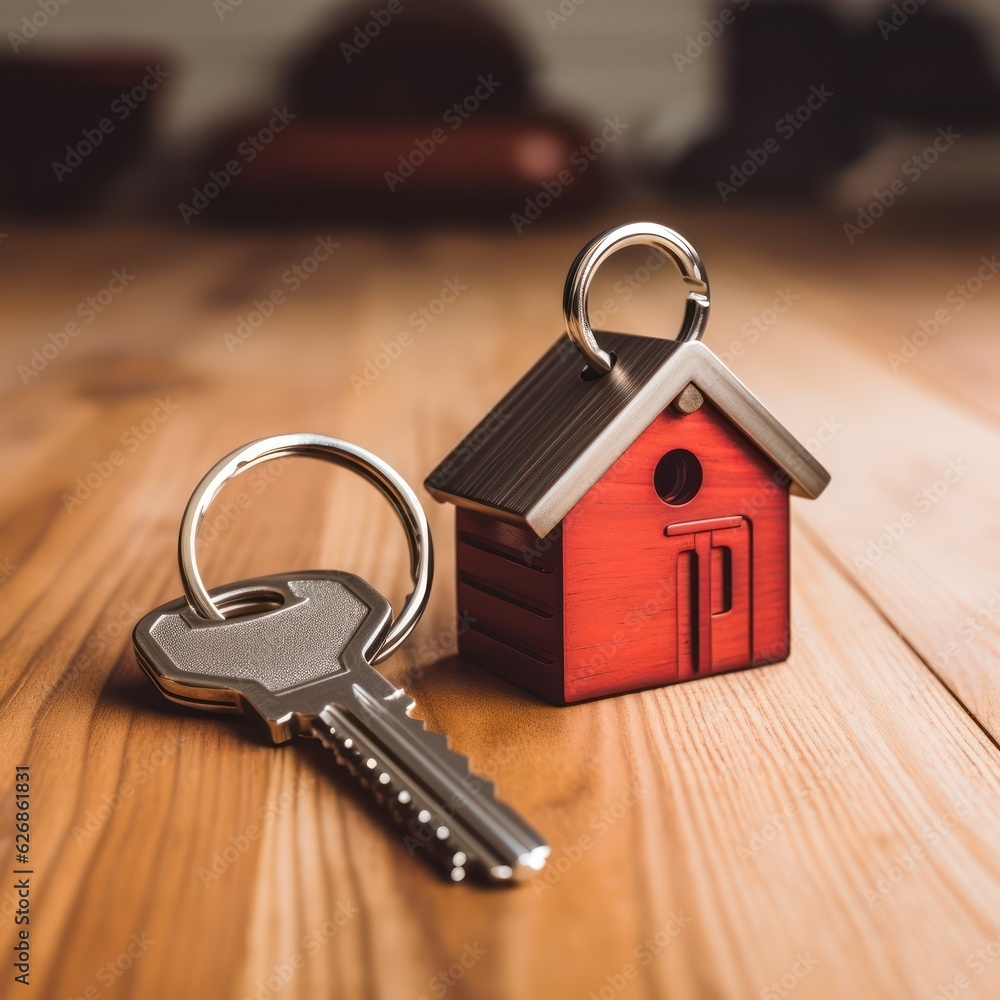 A house keychain on the wood table. The house keychain made from metal represent the investment of property, real estate, property and new home concept A house keychain on the wood table. The house keychain made from metal represent the investment of property, real estate, property and new home concept
