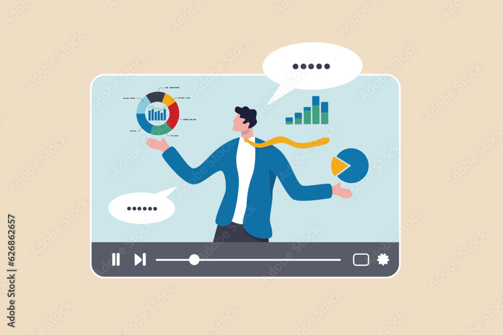 Explainer video online tutorial or training course, expertise explaining business strategy online, movie or education video clip, businessman expert explain business pie chart in video interface. - obrazy, fototapety, plakaty 