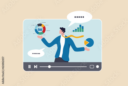 Explainer video online tutorial or training course, expertise explaining business strategy online, movie or education video clip, businessman expert explain business pie chart in video interface.
