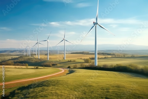 Panoramic view of wind farm or wind park, High wind turbines for generation electricity, Renewable energy concept.