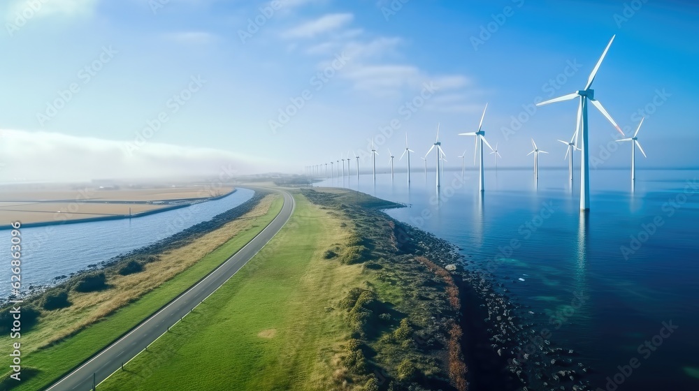 Windmill park in the ocean aerial view with wind turbine, Renewable energy eco. Windmill park in the ocean aerial view with wind turbine, Renewable energy eco.